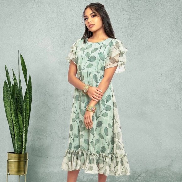 Green and White Printed Dress | Harmony Hues | Muvvas Boutique - Picture 6 of 10